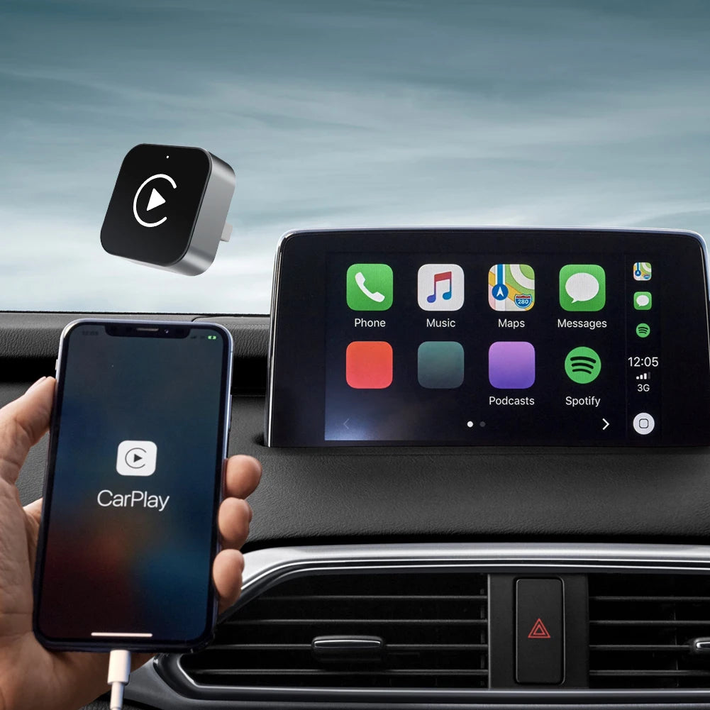 Car dashboard with smartphone displaying CarPlay, carplay device, and car infotainment system.