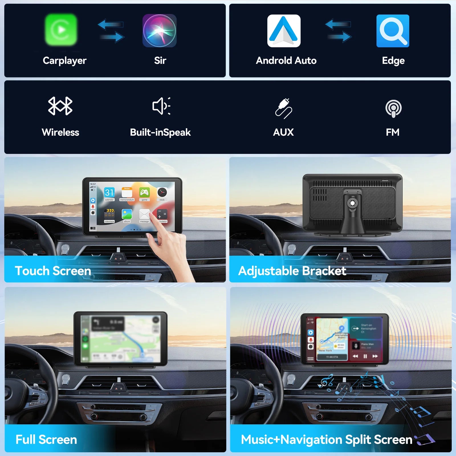 7 inch HD Wireless CarPlay Screen for Car with touchscreen