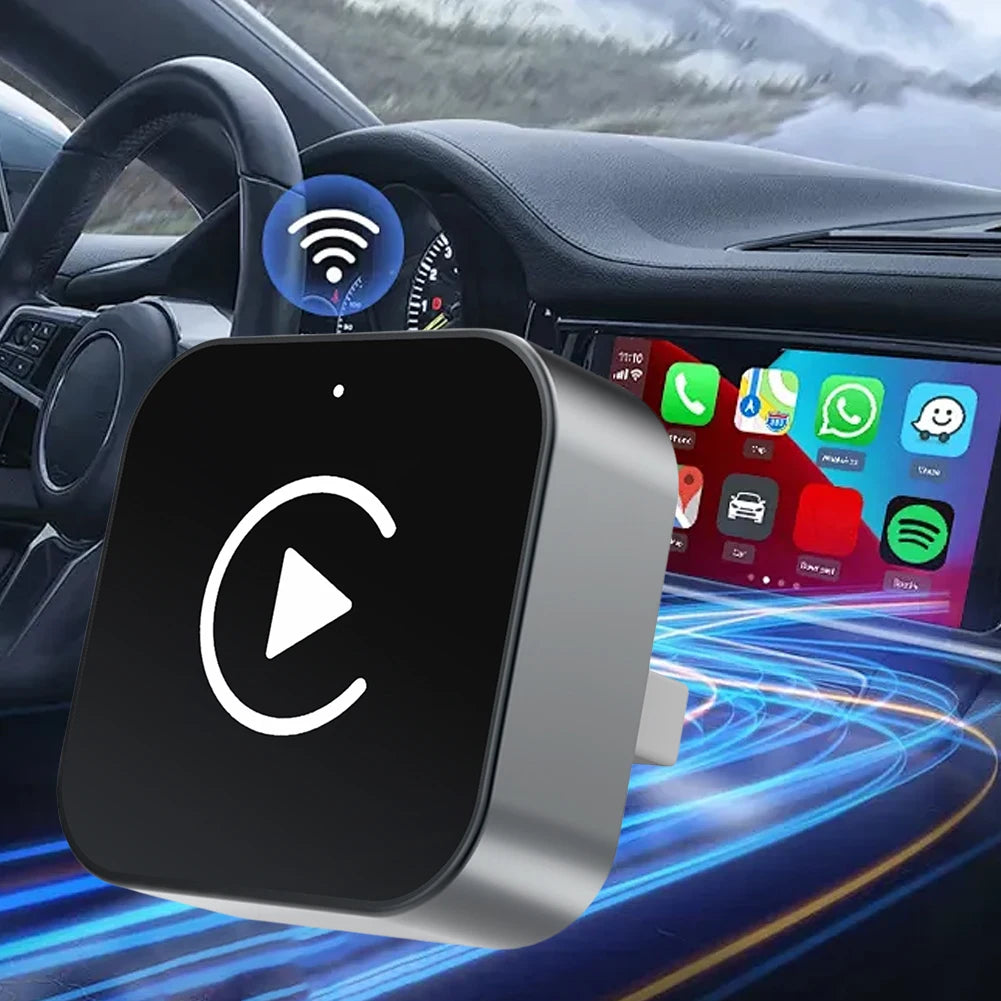 Car dashboard with smartphone displaying CarPlay, carplay device, and car infotainment system.